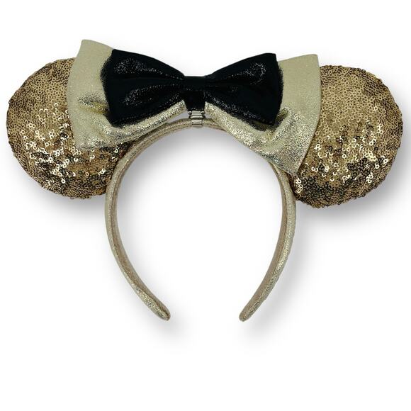 Disney Minnie Mickey Mouse 90th Birthday Sequin Bow Ears Headband Gold Black - Picture 1 of 7